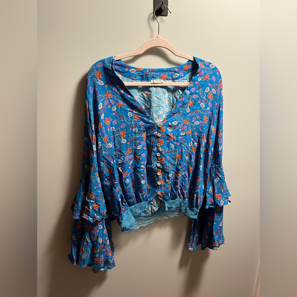 Free People Teal Blue Floral Button-Front Blouse